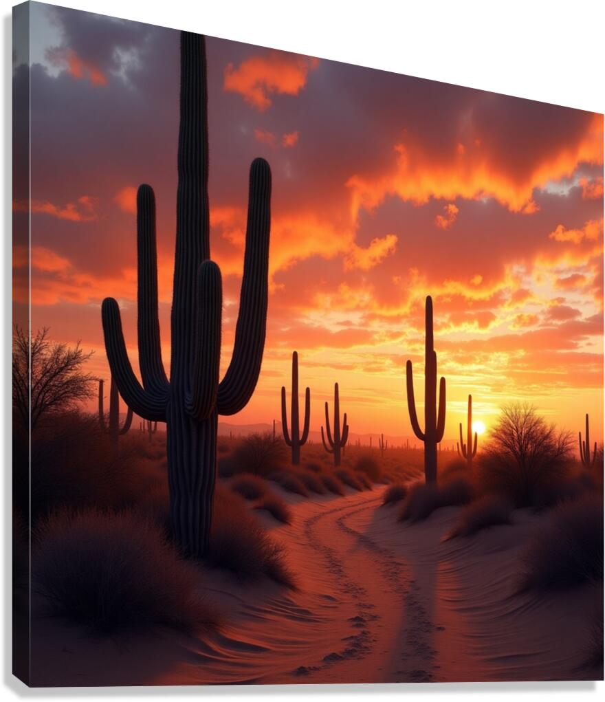 Cactus Sunset Trail – Desert Glow at Golden Hour Canvas Print
