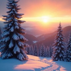 Winter Glow: Sunset Over a Snowy Forest