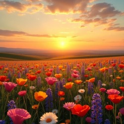 Golden Hour Wildflower Bloom – Sunset Over a Spring Meadow