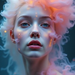 Ethereal Bloom: Dreamy Woman Portrait with Flowing Coral Hair