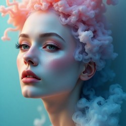 Ethereal Bloom: Dreamy Woman Portrait with Flowing Coral Hair