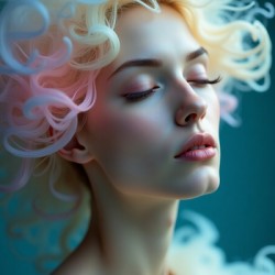 Ethereal Bloom: Dreamy Woman Portrait with Flowing Coral Hair