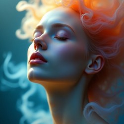Ethereal Bloom: Dreamy Woman Portrait with Flowing Coral Hair