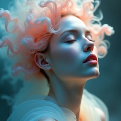 Ethereal Bloom: Dreamy Woman Portrait with Flowing Coral Hair