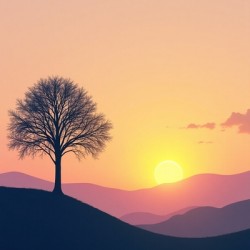 Solitude at Dusk – Minimalist Tree Silhouette Against Sunset Hills