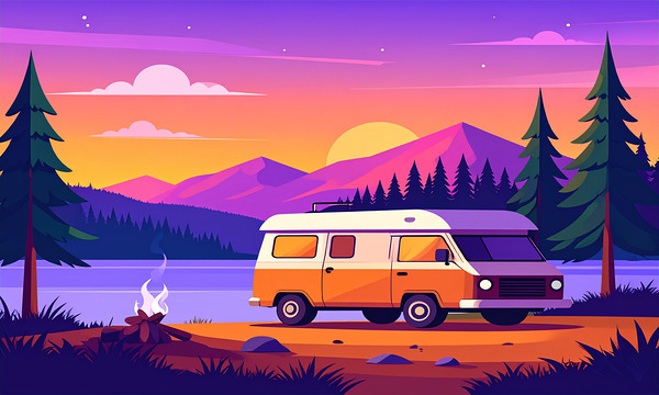 Retro Camper Van in Mountain Landscape at Sunset by ALIXORCA19