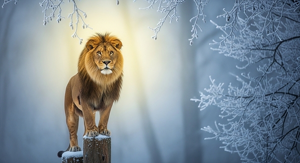 Majestic Lion in Winter Forest Wall Art – Warm Light Wildlife Nature Print Calm & Elegant Home Decor by BENDDINE