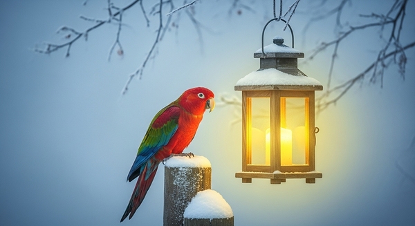 Warm Winter Glow Parrot Wall Art – Serene Lantern Light Nature Print by BENDDINE