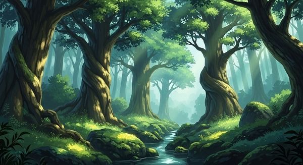 Enchanted Forest Stream Wall Art – Ghibli-Inspired Anime Nature Landscape Magical Woodland Digital Painting by BENDDINE