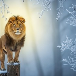 Majestic Lion in Winter Forest Wall Art – Warm Light Wildlife Nature Print Calm & Elegant Home Decor