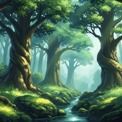 Enchanted Forest Stream Wall Art – Ghibli-Inspired Anime Nature Landscape Magical Woodland Digital Painting