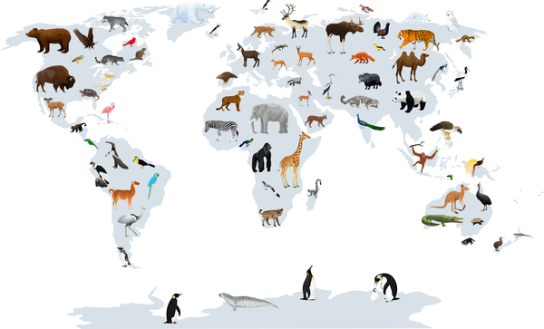 Vector map of the world with animals. Europe Asia South America North America Australia Africa. by Save Jungle