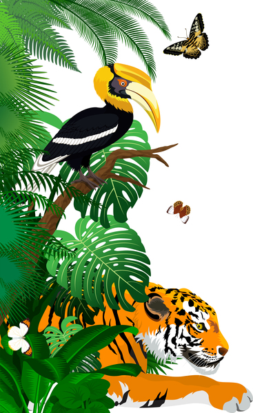 Vector jungle rainforest foliage vertical border illustration with tiger great hornbill and butterflies by Save Jungle