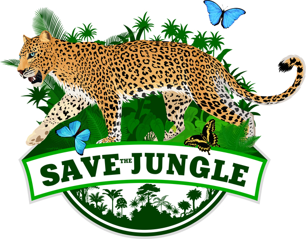 vector tropical jungle rainforest emblem with jaguar and blue morpho butterfly by Save Jungle