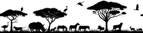 Vector horizontal seamless tropical african savannah with lions zebra vulture heron hyena common warthog rhinoceros cheetah gazelle monkey ostrich and crowned crane by Save Jungle