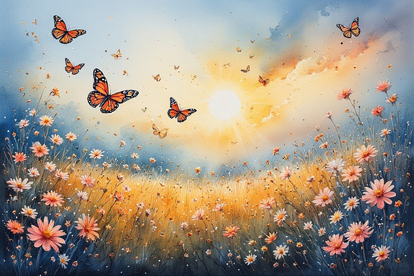Butterflies in Wildflower Meadow Art Print – Cottagecore Nature Wall Art Colorful Butterfly Landscape for Rustic Farmhouse or Garden Decor by abdodd
