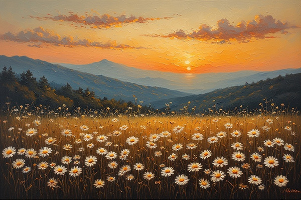 Golden Sunset Over Wildflower Hills – Warm Earth Tone Landscape Painting Warm Earth Tone Landscape Painting by abdodd