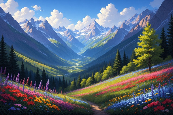 Vibrant Alpine Meadow with Snow-Capped Peaks – Colorful Mountain Landscape Art by abdodd
