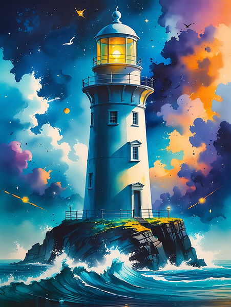 Magical Lighthouse Illustration – Dreamy Ocean Night Scene Art by abdodd