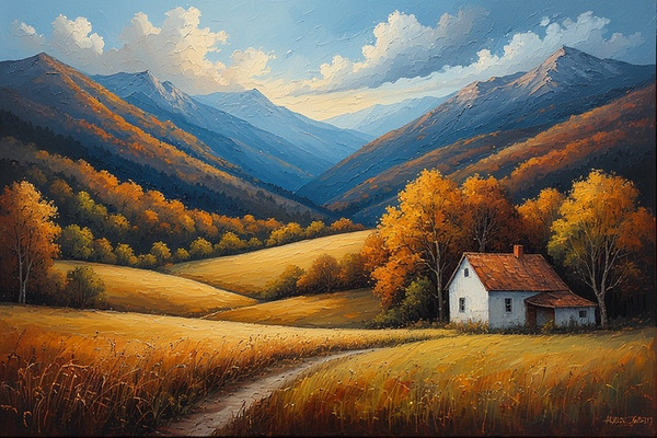 Rustic Autumn Cottage in Mountain Valley – Countryside Landscape Painting with Golden Fields Cozy Home and Peaceful Fall Scenery by abdodd