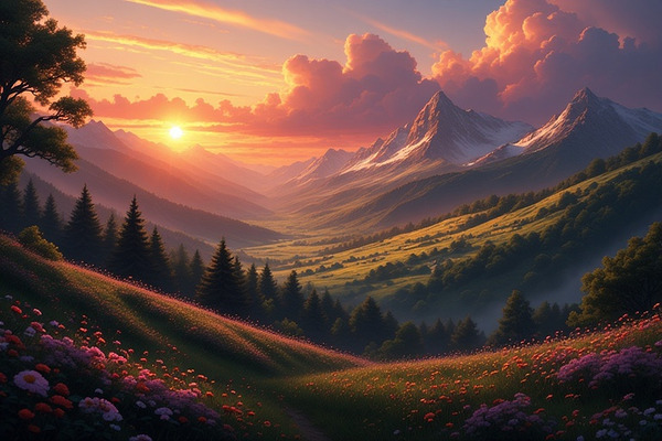 Majestic Sunset Over Mountain  -ValleyDreamy Sunset Over Mountain Valley – Serene Landscape with Wildflowers and Golden Sky by abdodd