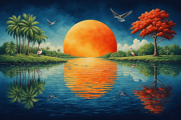 Tropical Sunset Flamingo Lagoon – Exotic Palm Tree and Bird Wall Art Prin by abdodd