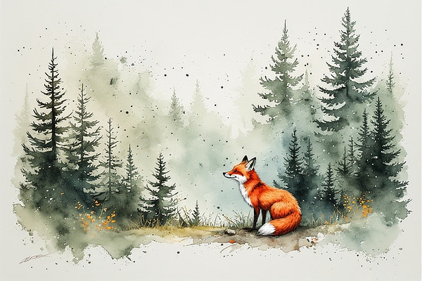 Watercolor Fox in Enchanted Forest – Whimsical  Animal Art Print by abdodd