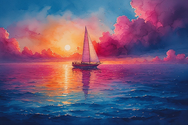 Ocean Sunset Sailboat – Nautical Coastal Wall Art Vibrant Seascape Canvas Print by abdodd