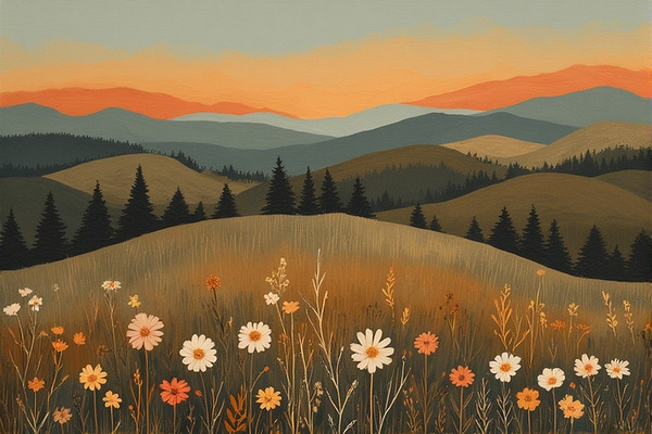 Golden Sunset Over Wildflower Hills – Warm Earth Tone Landscape Painting by abdodd
