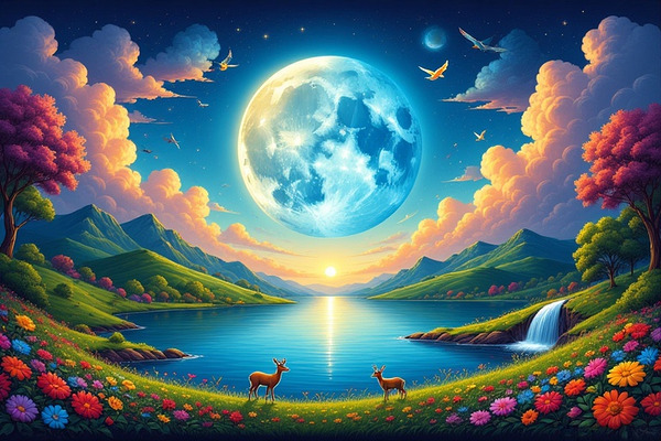 “Enchanted Moonlit Valley Landscape – Dreamy Nature Wall Art with Deer and Full Moon Reflection by abdodd