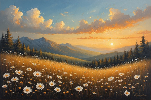 Golden Sunset Over Wildflower Hills – Warm Earth Tone Landscape Painting by abdodd