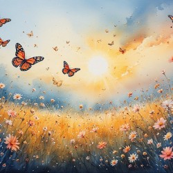 Butterflies in Wildflower Meadow Art Print – Cottagecore Nature Wall Art Colorful Butterfly Landscape for Rustic Farmhouse or Garden Decor