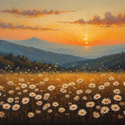 Golden Sunset Over Wildflower Hills – Warm Earth Tone Landscape Painting Warm Earth Tone Landscape Painting