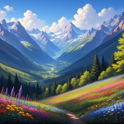Vibrant Alpine Meadow with Snow-Capped Peaks – Colorful Mountain Landscape Art