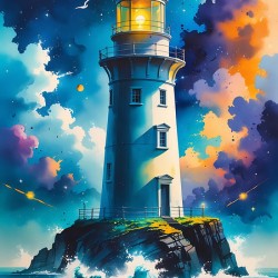 Magical Lighthouse Illustration – Dreamy Ocean Night Scene Art
