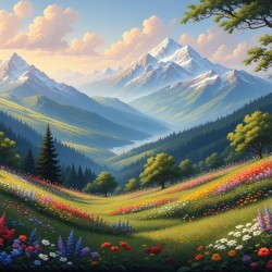 Colorful Alpine Meadow with Snow-Capped Mountains – Bright Nature Landscape Painting with Wildflowers and Serene Mountain View