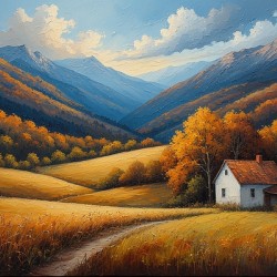 Rustic Autumn Cottage in Mountain Valley – Countryside Landscape Painting with Golden Fields Cozy Home and Peaceful Fall Scenery