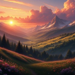 Majestic Sunset Over Mountain  -ValleyDreamy Sunset Over Mountain Valley – Serene Landscape with Wildflowers and Golden Sky