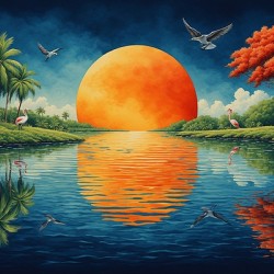 Tropical Sunset Flamingo Lagoon – Exotic Palm Tree and Bird Wall Art Prin