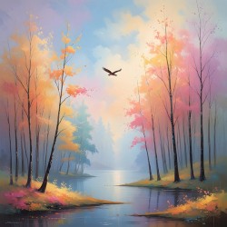 Autumn Whispers: Dreamy Forest Landscape with Misty Trees and Soaring Eagle – Ethereal Nature Art wall