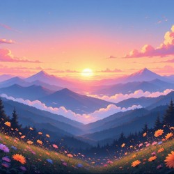 Dreamy Sunset Over Mountain Valley – Serene Landscape with Wildflowers and Golden Sky