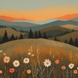 Golden Sunset Over Wildflower Hills – Warm Earth Tone Landscape Painting
