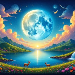 “Enchanted Moonlit Valley Landscape – Dreamy Nature Wall Art with Deer and Full Moon Reflection