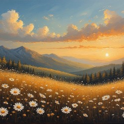 Golden Sunset Over Wildflower Hills – Warm Earth Tone Landscape Painting