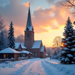 Winter Village Sunset Photography – Snowy Church Steeple Cabin and Evergreen Landscape
