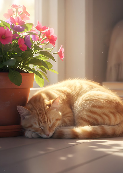 Sleeping Cat with Flowers by Lydia Design