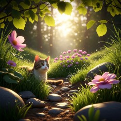 Sun-Kissed Kitten in a Magical Forest Path