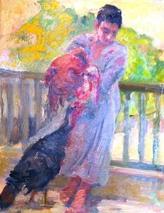 A child and a rooster.
