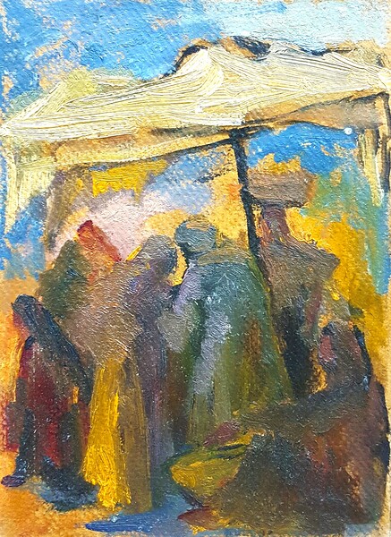 Talking under white tent. Print