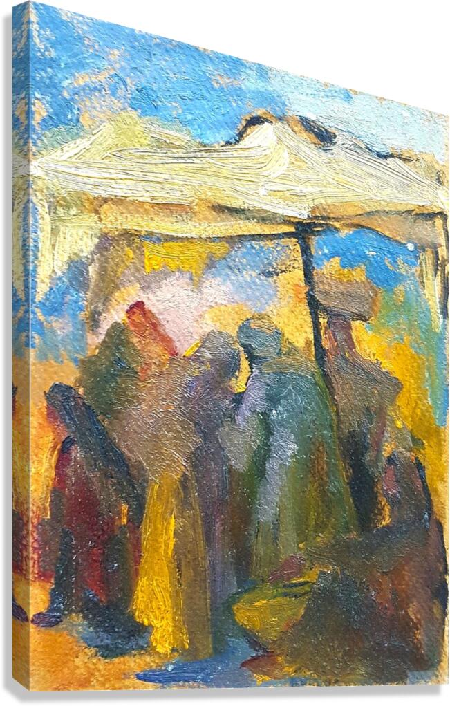 Talking under white tent. Canvas Print